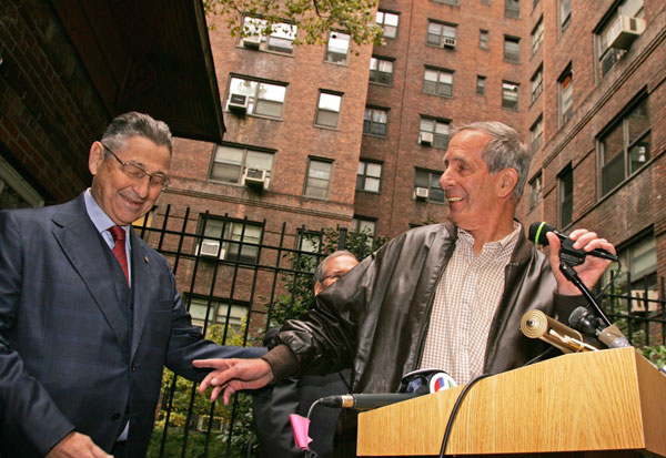 Downtown Express photo by Sam Spokony Knickerbocker Village tenant Bob Wilson, right, had a laugh with Speaker Sheldon Silver during the announcement of post-Sandy repair funding on Wednesday.