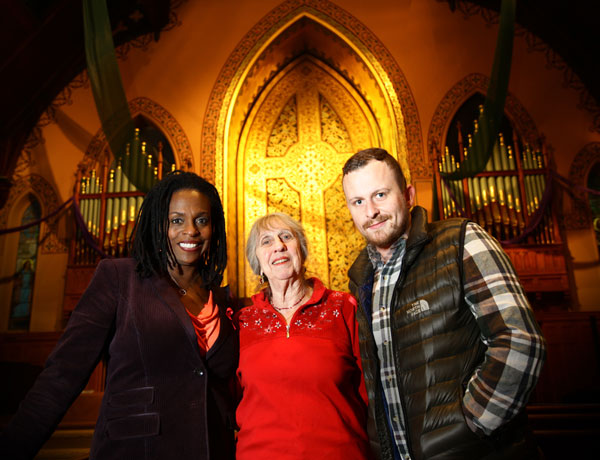 L to R: Reverend Jacqui Lewis, Ph.D, pianist Mimi Stern-Wolfe and director Rohan Spong (whose documentary “All the Way Through Evening” screens on Dec. 1 at Middle Collegiate Church, then opens at Village Cinema East on Dec. 6).    PHOTO BY DUNCAN HEWITT, COURTESY OF TA-DAH! PHOTOGRAPHY