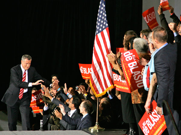 Photo by Sam Spokony New York City’s mayor-elect makes his way to the podium for a victory speech.