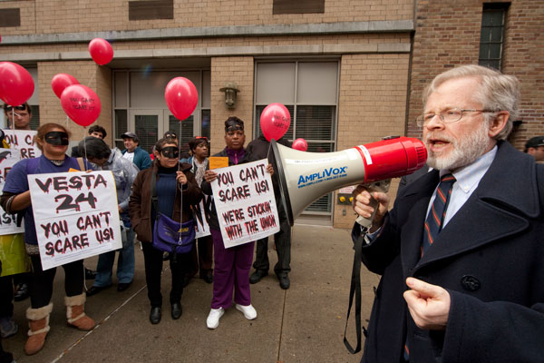 On Halloween, Striking Workers Parade Their Discontent 2 That’s no costume, folks. The real Assemblymember Richard Gottfried lends his voice (and megaphone) to a pro-union piece of Oct. 31 street theater.