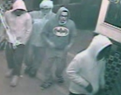 A surveillance camera image provided by police of the alleged suspects in an attempted robbery at the Jane Hotel.