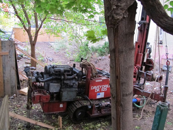 The garden has been trashed by the developer, who has now brought in a drilling rig to take soil samples — usually a prelude to a construction project.