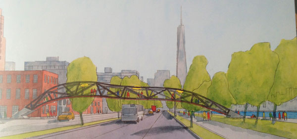 A design rendering of the Norwegian wooden reindeer footbridge commissioned by Jean-Louis Bourgeois that would span the West Side Highway at W. 10th St.