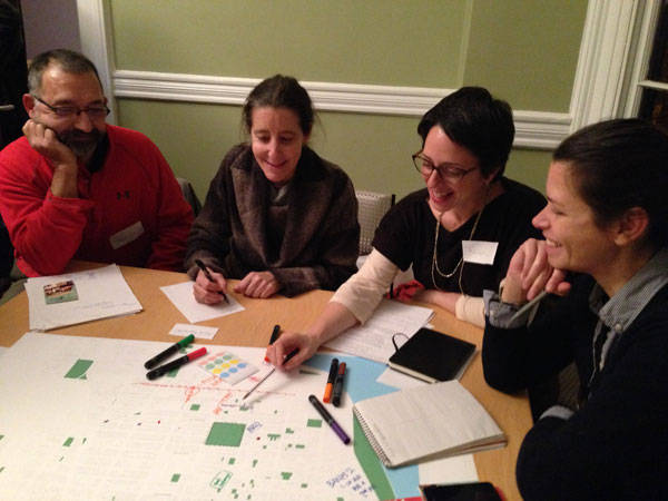 At the E.V.C.C. workshop, mapping out a strategy to preserve local mom-and-pop stores, from left: Udo Drescher, an East Village resident; Gayle Raskin, owner of Jane’s Exchange children’s and maternity consignment store; Karen Loew, the Greenwich Village Society for Historic Preservation’s director for the East Village and special projects; and Tania Vargas, owner of Goat-Milk kids’ wear. 