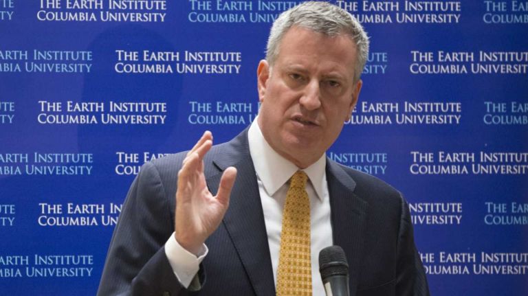 New York City Mayor-elect Bill de Blasio speaks to the media after he delivered the keynote address at the New York City Summit on Children, organized by the Earth Institute of Columbia University, in Manhattan. (Nov. 25, 2013)