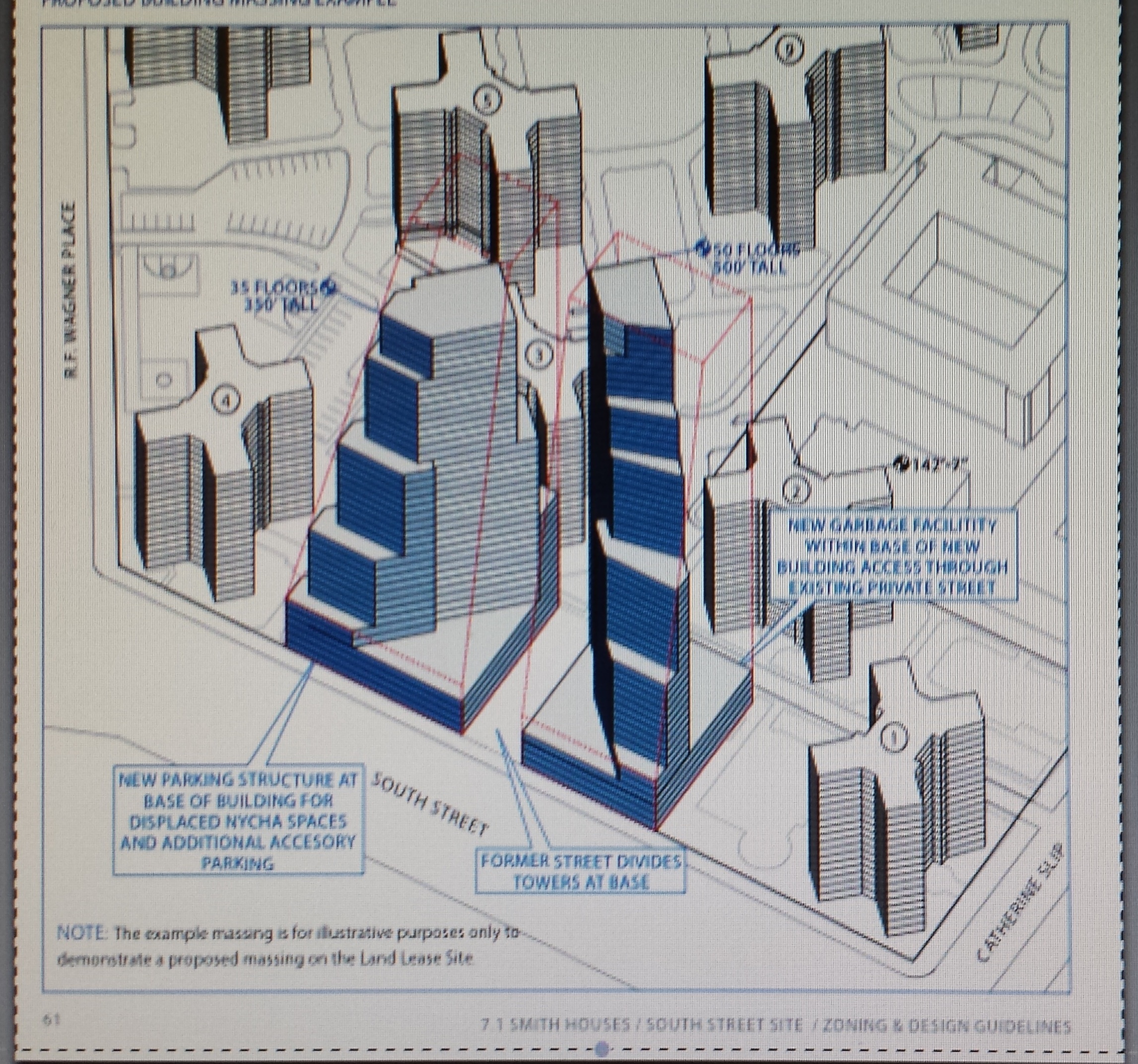 A rendering from a NYCHA “discussion document” on what kind of development could occur — in this case, a 500-foot-tall tower (in blue, at right) at Smith Houses — under the infill plan.