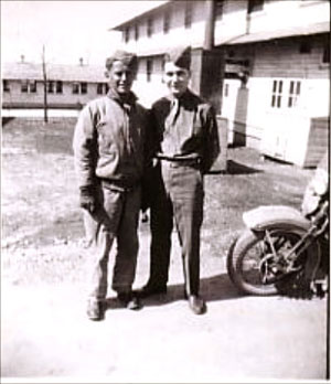 Warren Allen Smith, right, at the Fort Knox, Kentucky, barracks with a motorcyclist during the war.