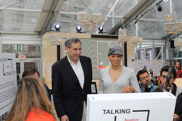 Carl Weisbrod and Jennifer Jones Austin checked out the Talking Transition “soapbox” on Sunday.