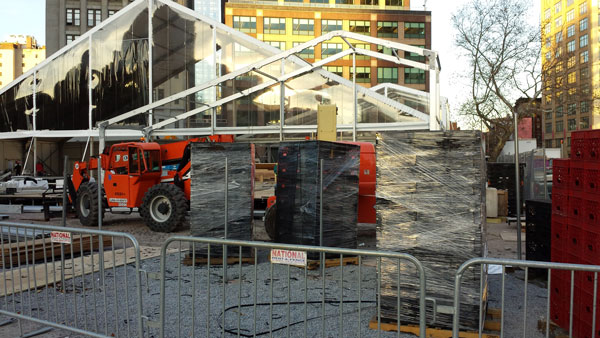 The Talking Transition tent was being struck in Duarte Square this week — and the black crates that had spelled out “TALK” were stacked and wrapped up and ready to go — after the temporary two-week interactive program came to a close. The initiative is making the results of its survey public and will also present the data to new Mayor Bill de Blasio.  Photo by Scoopy