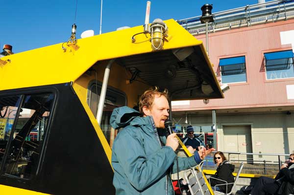 Gabriel Willow, a naturalist with the New York City Audubon Society, has been leading harbor tours aboard New York Water Taxi for years.   Downtown Express photo by Terese Loeb Kreuzer 