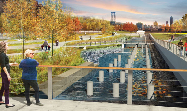 A rendering showing the planned inlet and bridges across the pier deck that would be built as part of the proposed master plan for Pier 42.