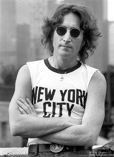The story behind how this famous 1974 shot of John Lennon came about has been “embellished” many different ways, Gruen notes. Contrary to one popular version, Gruen did not cut off the sleeves right then and there, but had done it several years earlier.  Photos by Bob Gruen