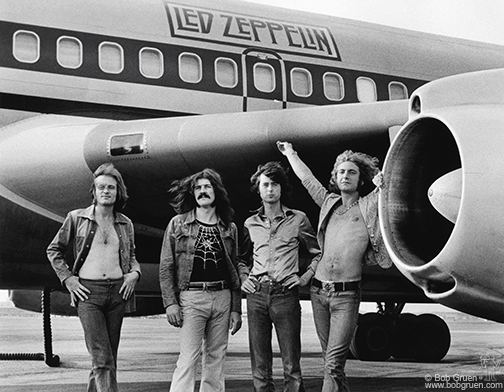 On a whim, singer Robert Plant asked Gruen to take this shot of Led Zeppelin in front of their jumbo-sized plane, the Starship, in 1973. It became one of the band’s best-known images.  Photos by Bob Gruen