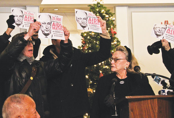 Barbaralee Diamonstein-Spielvogel, chairperson of the Historic Landmarks Preservation Center, was briefly swarmed by ACT UP protesters at last Friday’s Ed Koch plaque unveiling at 2 Fifth Ave. Photo by Tequila Minsky