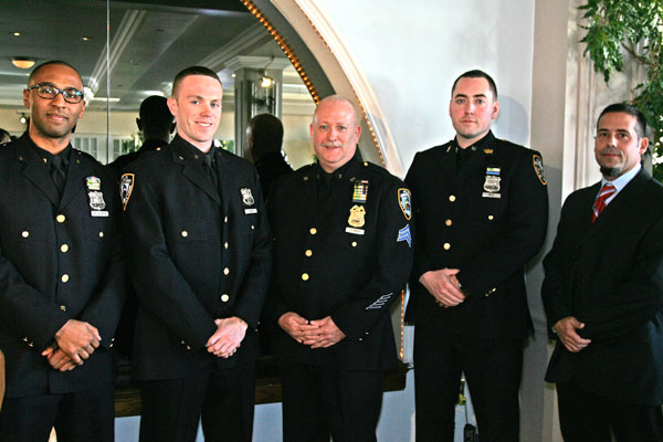 Officers of the Year honored on Dec. 12, from left: Officer Sergio De La Mota, Ninth Precinct; Officer Liam Cawley, Sixth Precinct; Sergeant Michael Filomena, 10th Precinct; Officer Michael Relf, 14th Precinct; and Officer Leonardo Nimo, 13th Precinct.  Photo by Sam Spokony