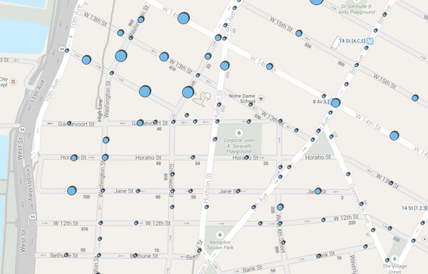 The Police Department’s interactive map shows a high volume of crime in the Meatpacking District this year, represented by the larger circles in the image’s upper left corner. The largest circles signify 24 to 34 crimes, while the smallest ones show locations of only one to three crimes.