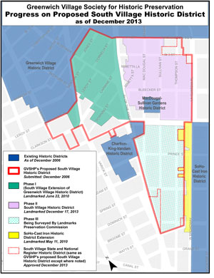 A map by the Greenwich Village Society for Historic Preservation showing the progress in landmarking the South Village. Still not landmarked is the third and final section.