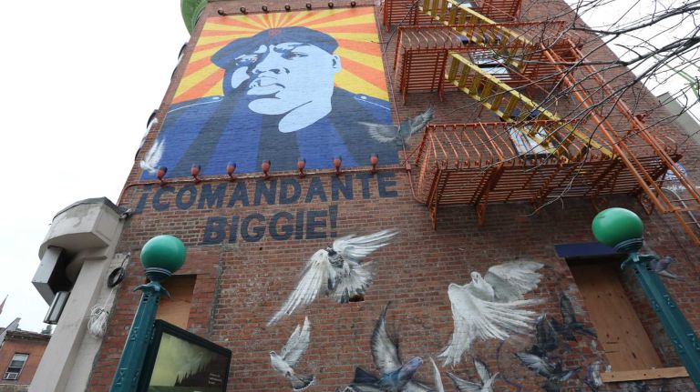 A mural of Biggie Smalls at the corner of South Portland Avenue and Fulton Street in Fort Greene.