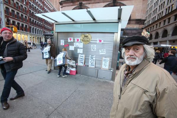 Making a stand for an embattled vendor’s newsstand 3 Jerry Delakas, above, and top center, at Saturday’s rally outside his closed Astor Place newsstand. Photos by Jefferson Siegel