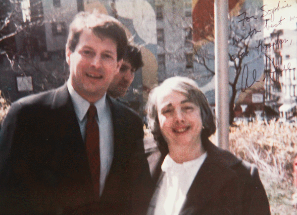 Sophie Gerson with presidential candidate Al Gore in 1988 on the grounds of N.Y.U.’s Silver Towers complex, at Houston St. and LaGuardia Place. “They wanted an outdoor setting for a commercial for the campaign,” said her son, Alan. “They were trying to gather a group of retirees. The Secret Service came and everything.” Sophie Gerson ran as a delegate for Gore, but Michael Dukakis won the nomination.
