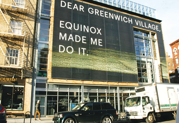 Neighbors and preservationists are waiting for Equinox to “undo it” and remove this huge, illegal sign on Greenwich Ave.  Photo by SAM SPOKONY