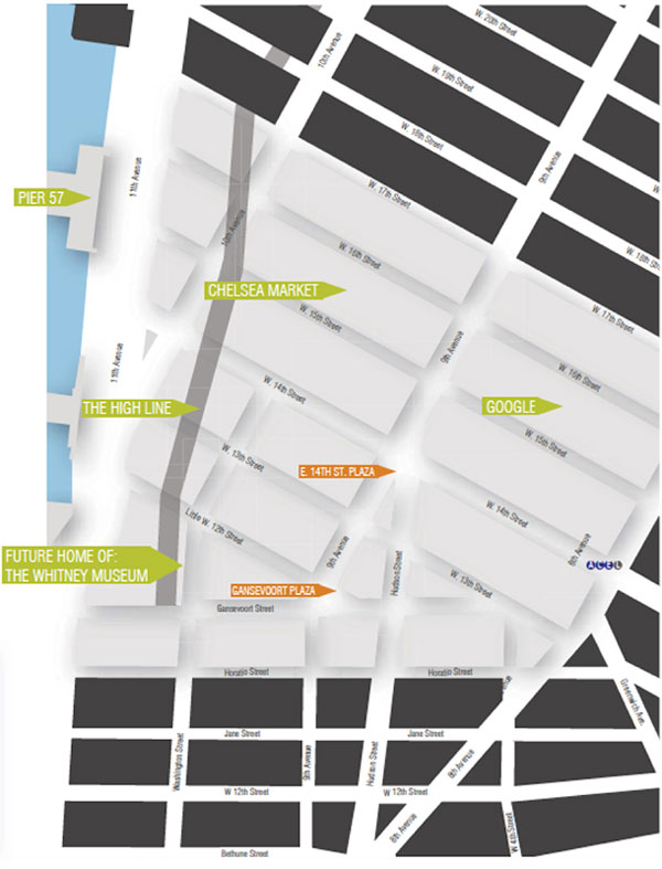 A map showing the proposed boundaries of the Meatpacking Area Business Improvement District and some of the notable businesses, institutions and attractions in the district. 