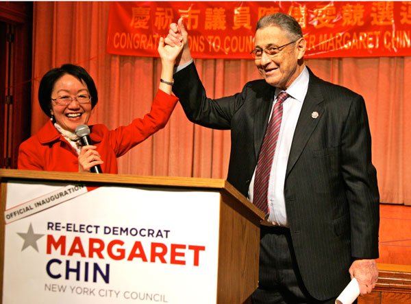 Assembly Speaker Sheldon Silver showed his support for Councilmember Margaret Chin at her swearing-in for her second Council term after a competitive primary election.   Photo by Sam Spokony