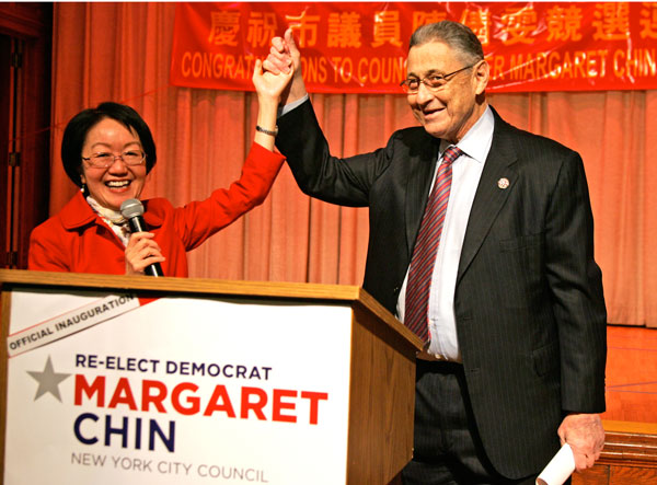 Among powerful friends, Chin enters her second term 2 Assembly Speaker Sheldon Silver showed his support for Councilmember Margaret Chin at her swearing-in for her second Council term after a competitive primary election. Photo by Sam Spokony