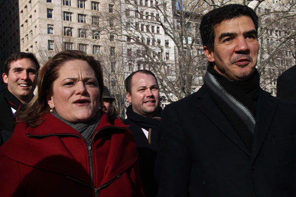Melissa Mark-Viverito, left, with her City Council supporters — including Corey Johnson, rear right, and Ydanis Rodriguez, front right — marched toward City Hall on Jan. 8, chanting, “Si, Se Puede!” (“Yes, We Can!”) and “Treinta Y Uno!” (“31!” as in the number of votes she had secured), before she was sworn in as the new Council speaker.  Photo by Tequila Minsky