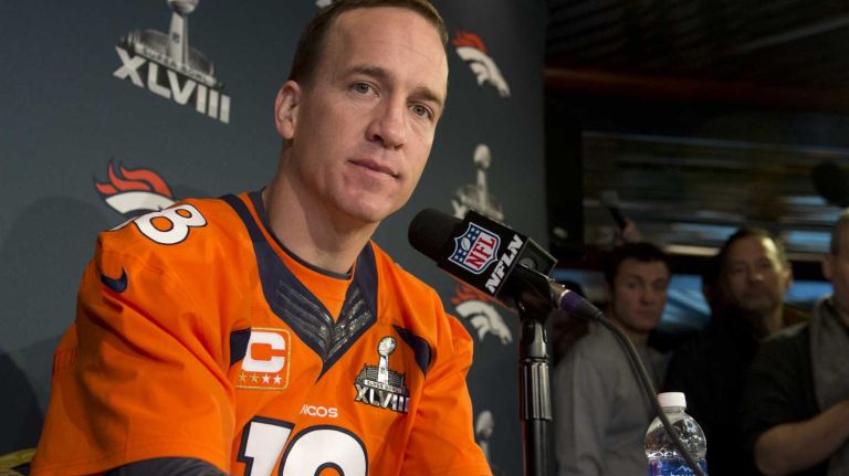 Peyton Manning speaks to media on January 29, 2014.