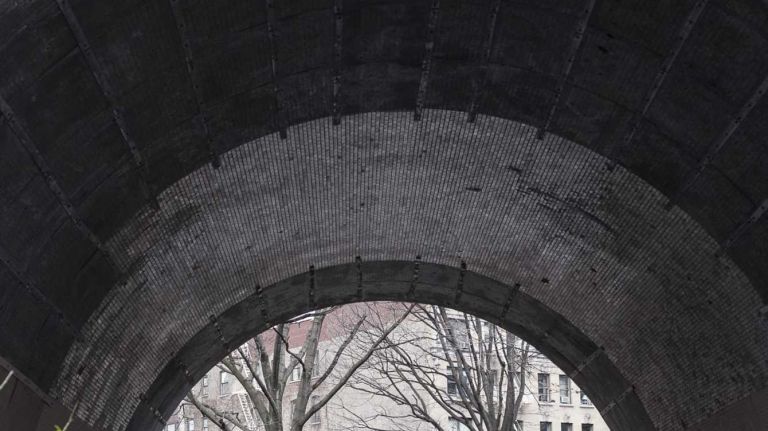 A man walks his dog under the Riverside Drive Viaduct. (Jan. 6, 2014) 