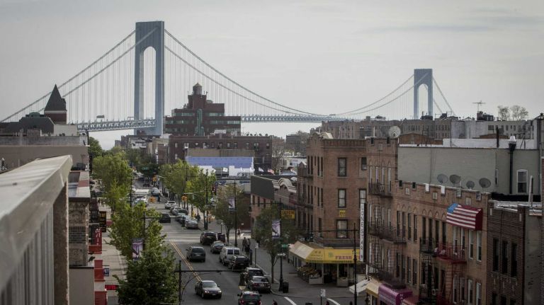Bay Ridge 15 The Verrazano-Narrows Bridge, which was the world's largest suspension bridge when it was completed in 1964, is a dramatic backdrop for the neighborhood. Here it is seen looking south along Fifth Avenue. (May. 10, 2013)