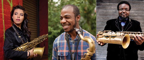 Sound and “Motion,” signifying talent: Melissa Aldana, Tivon Pennicott and Godwin Louis (L to R) are the next faces of jazz. COMPOSITE BY LUCIANO CROSSA