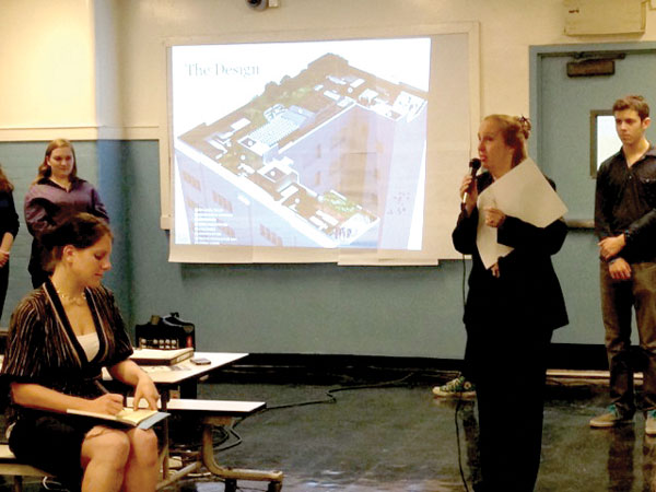 Gale Brewer speaking at a Jan. 15 meeting about the NYC iSchool’s new rooftop project.