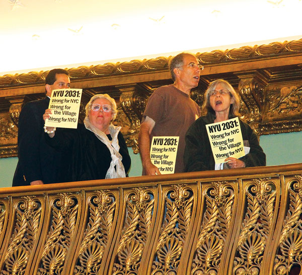 Judge says city broke the law by approving N.Y.U. superblocks plan 2 Last July, before the City Council voted nearly unanimously to approve the N.Y.U. 2031 plan, Council Speaker Christine Quinn cleared the Council Chamber’s balcony of protesters, who had started hooting and hissing. Above from left, Ruth Rennert, a Washington Square Village resident, and Paul and Marianne Edwards, 88 Bleecker St. residents, shouted their displeasure over the Council’s anticipated vote as they were ejected from the Council Chambers. File photo by Tequila Minsky