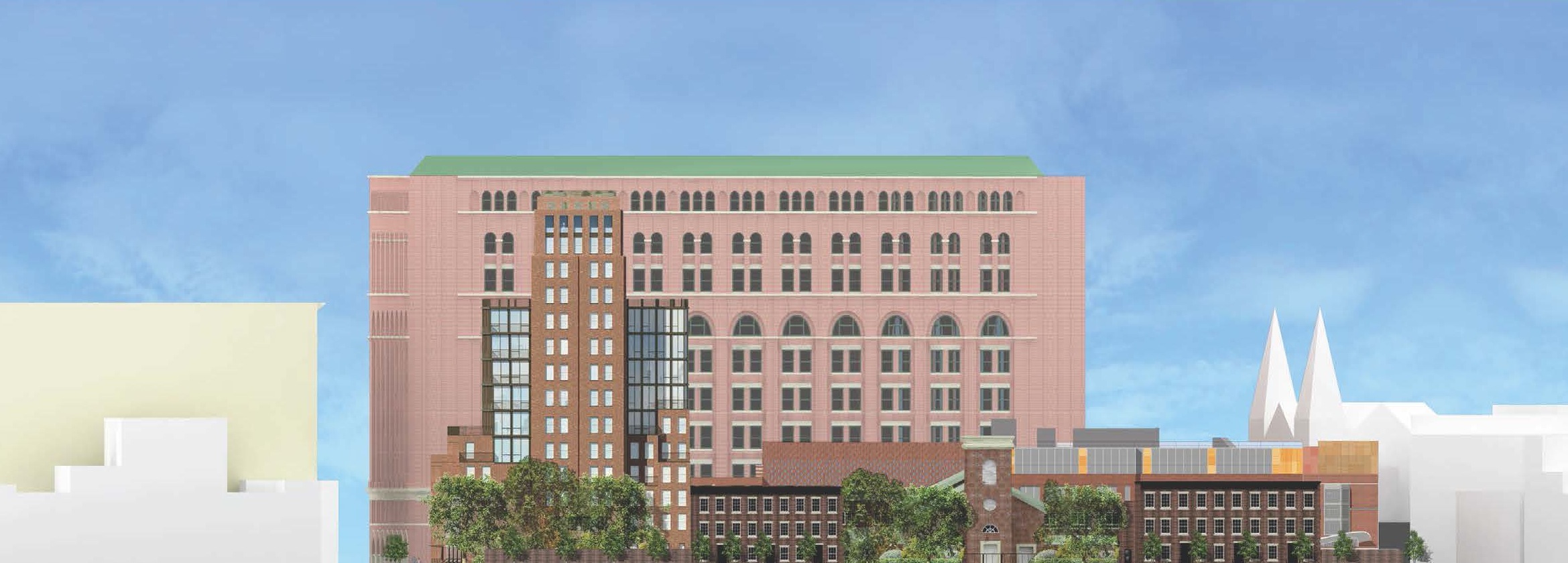 A rendering showing the proposed "Barrow St. Apartments" as the building would appear when viewed from the east looking toward the west with the far more massive Archive residential building behind it.  Courtesy Barry Rice Architect