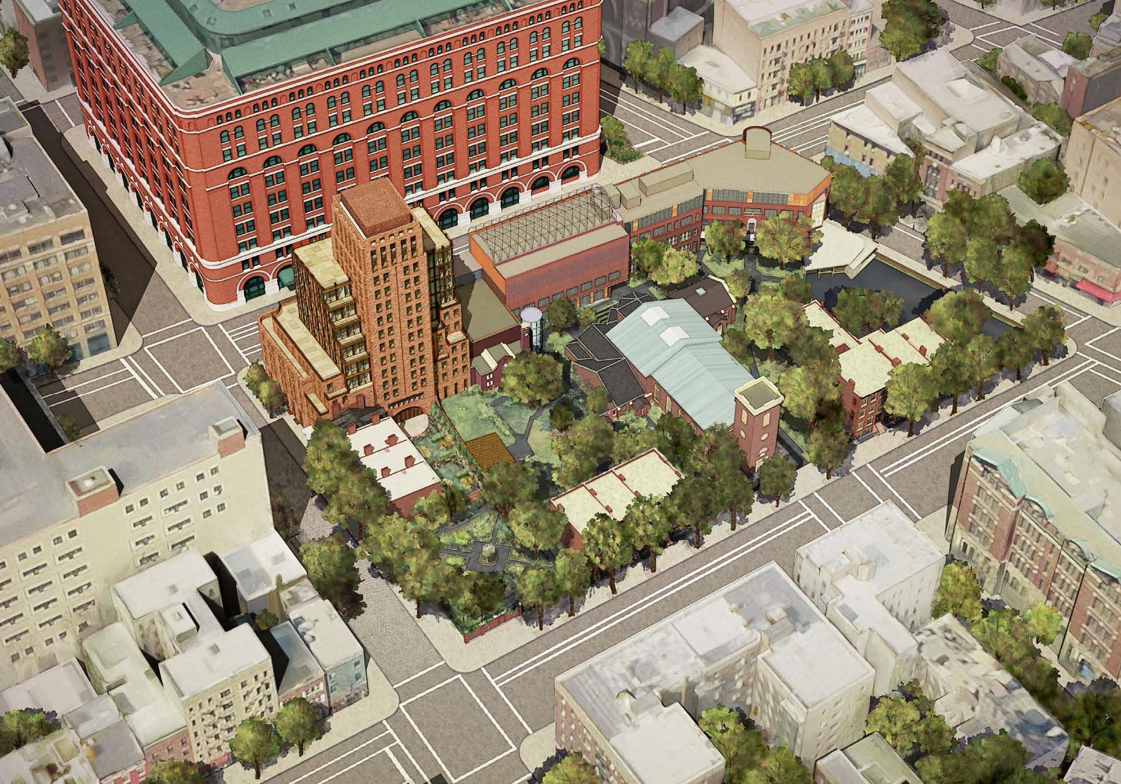 An aerial view of the St. Luke's block showing a rendering of the new "Barrow St. Apartments" at the southwest corner, plus two stories added atop the St. Luke's School.  Courtesy Barry Rice Architect