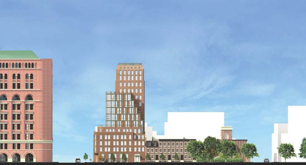 A view from the south of a rendering of the new "Barrow St. Apartments" in relation to the Archive building, at left. Courtesy Barry Rice Architect