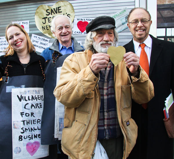 Celebrating the news on Jan. 13 that the city had agreed to give Jerry Delakas a license to operate the Astor Palce newsstand, from left: Kelly King, Marty Tessler, Delakas and Arthur Schwartz.  Photo by Tequila Minsky