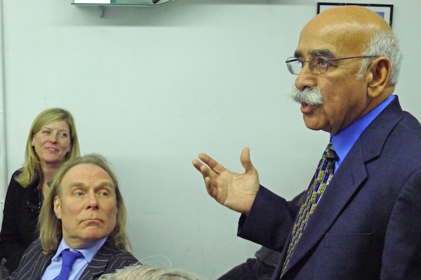 Gorbax Marwah,  who will run the 150 Nassau St. Denny's, spoke at the Feb. 18 C.B. 1 committee meeting while Frances Allen, left, a Denny's executive, and a clearly skeptical Roger Byrom, of C.B. 1, looked on. Downtown Express photo by Sam Spokony