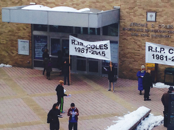 Members of the N.Y.U. Student Labor Action Movement, or SLAM, protested outside Coles gym two weekends ago, saying that if the Zipper Building is constructed on the site, N.Y.U. will have no real campus gym until 2019. “3,000 people — N.Y.U. students, faculty and neighbors — use Coles every day,” their flier said. “Where will we go to swim, work out, play tennis, squash and basketball? What about the hundreds of classes that Coles offers every term?”  Photo courtesy Glen Milstein