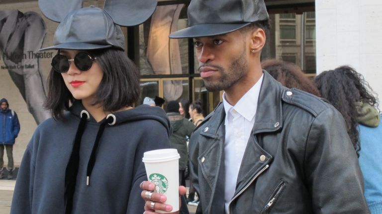 These two strangers bonded over their similar taste in hats outside Lincoln Center during New York Fashion Week.