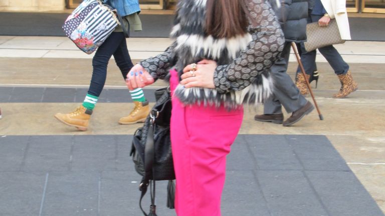 This New York Fashion Week attendee went for a mix of colors, prints and textures.