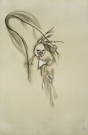 Claudia Vargas: “Rope Jump IV” (2013, Charcoal & beeswax on etching paper, 56 x  42 in.). Part of the “Fly Zone” group exhibit, on view at Westbeth Gallery through March 16.  COURTESY OF VAGA & THE ARTIST