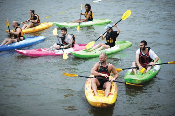 Kayaking in Hudson River Park. The park extends out in the river to the eastern end of the piers.