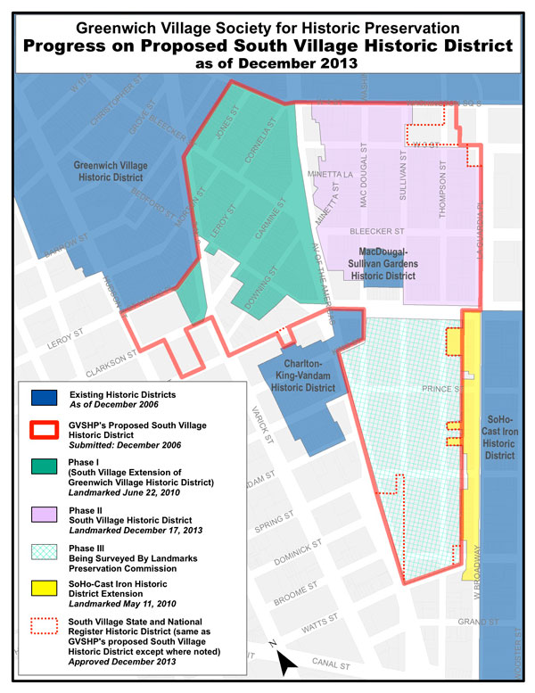 Some amazing victories, but many challenges ahead 3 A map by the Greenwich Village Society for Historic Preservation showing the progress in landmarking the South Village. Still not landmarked is the third and final section.