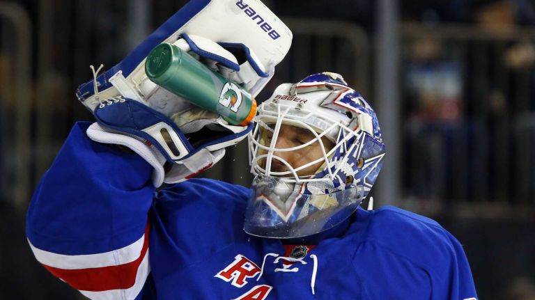 Henrik Lundqvist of the Rangers prepares to play against the Philadelphia Flyers at Madison Square Garden on Wednesday, March 26, 2014.