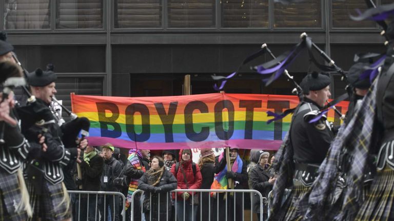 LGBT groups protest their exclusion in the annual New York City St. Patrick's Day Parade on Fifth Avenue on March 17, 2014. 