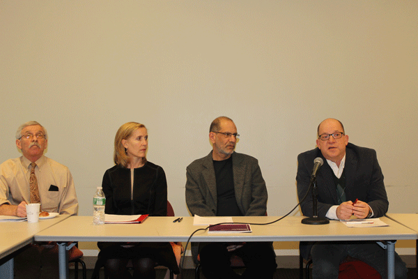 At the Tues., March 4, release of the University Open Space Priorities Committee report, working group members, from left, Professor Lawrence White of the Stern School of Business; Allyson Green, associate dean of the Institute for Performing Arts; Ted Magder, associate professor at the Steinhardt School; and Laurence Maslon, arts professor at the Tisch School of the Arts.  Photo by Lincoln Anderson