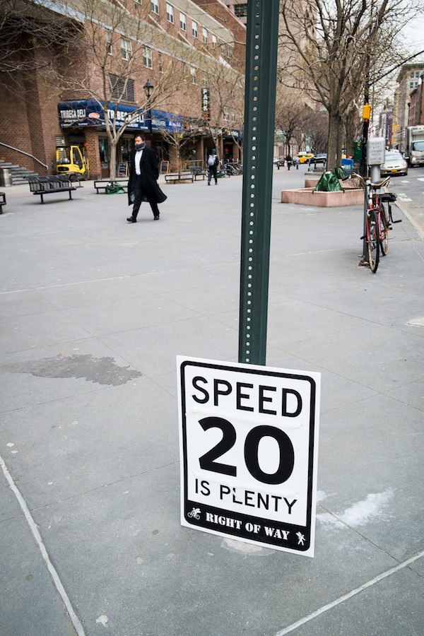 Fake speed limit sign on Greenwich St. March 17, 2014. Downtown Express photo by Milo Hess.